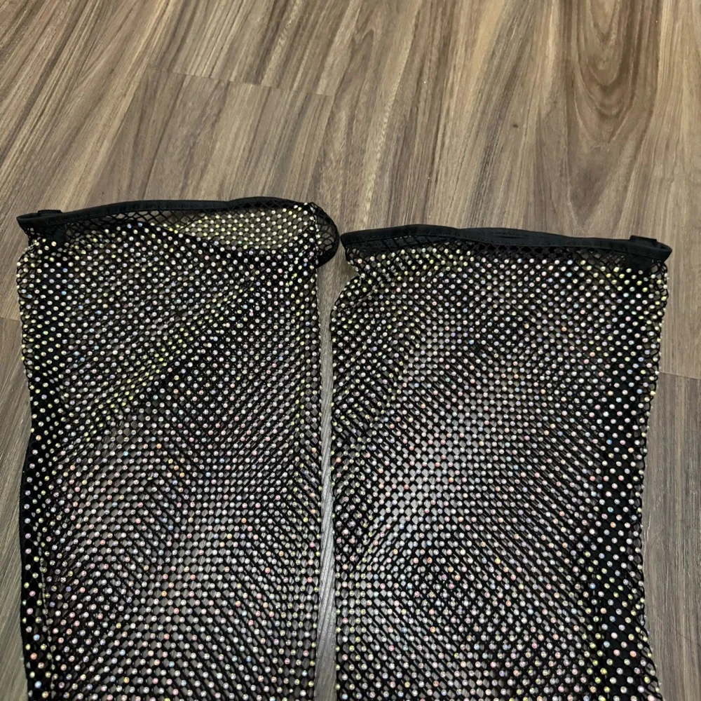 Ladies sz 44 Stiletto High Heel Over The Knee Black Fishnet Mesh Gem Rhinestone - Picture 7 of 12